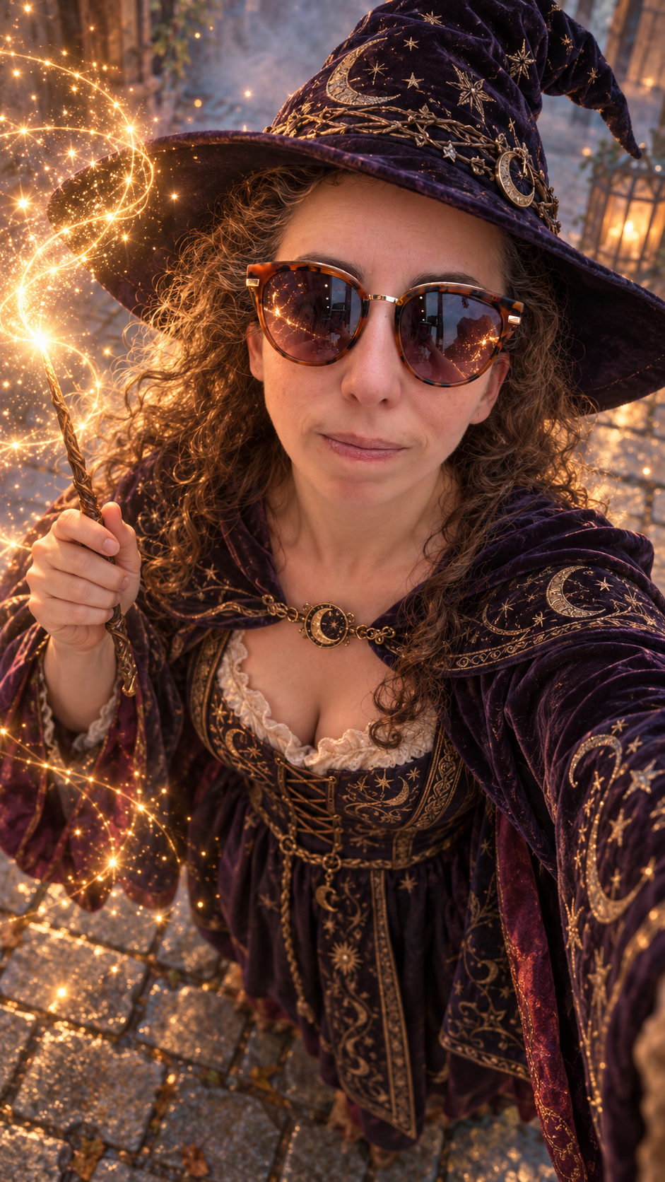 Retrato de una mujer con lentes de carey, sombrero y capa de maga bordados con estrellas, sosteniendo una varita rodeada de luz dorada.